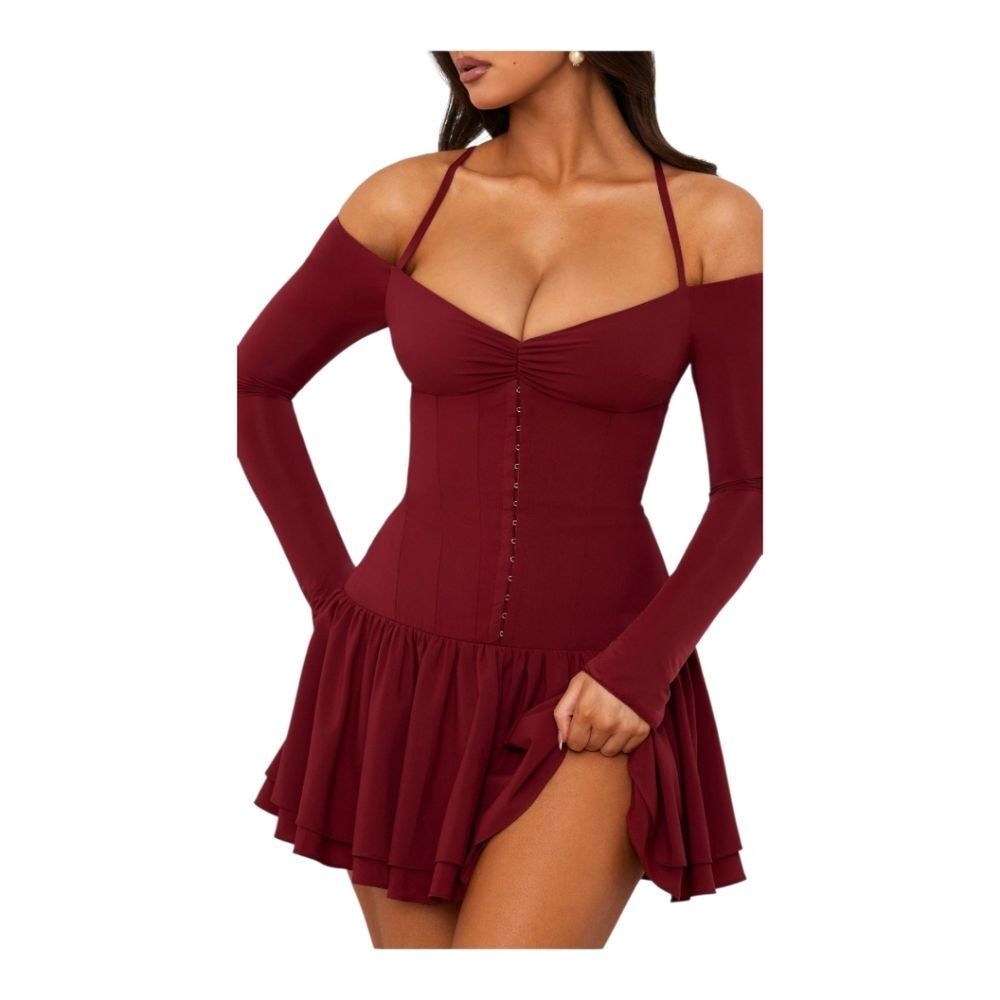 Oh Polly Maren Off Shoulder Tiered Corset Mini Dress Berry Red Long Sleeve